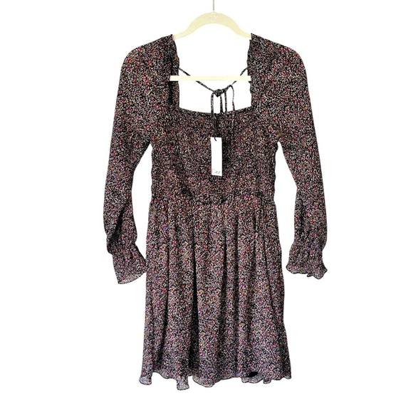 Dex Black Pink Floral Long Sleeve Smocked Tie Back Boho Mini Dress- Size S - Picture 1 of 6